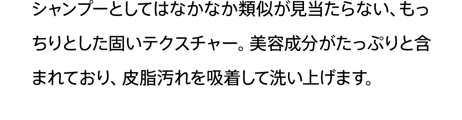 シャンプーとしてはなかなか類似が見当たらない、もっちりとした固いテクスチャー。美容成分がたっぷりと含まれており、皮脂汚れを吸着して洗い上げます。
